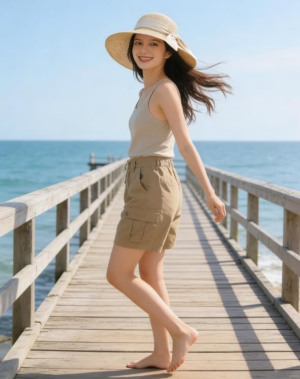 Sombrero de paja plegable con ala ancha para mujer miniatura 7