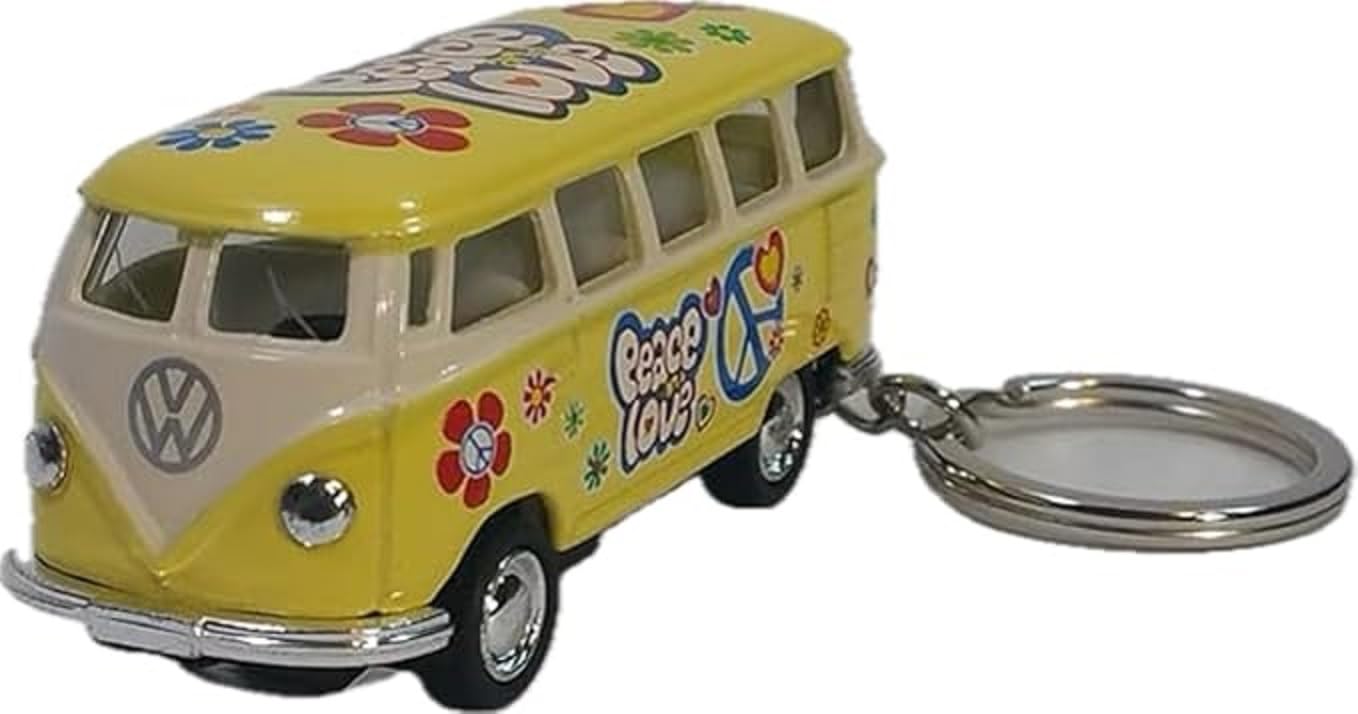 KiNSMART 1962 Volkswagen Classic Hippie Love & Peace Bus 1:64 Scale 2.5 Inch Die Cast Metal Model Key Chain, Pullback Action (Yellow)