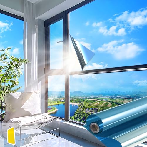 One Way Window Privacy Film, Static Cling Window Tint Sun Blocking Heat UV,Reflective Window Film for Home,Office, Shop Windows (Blue Silver, 23.6''X118'')