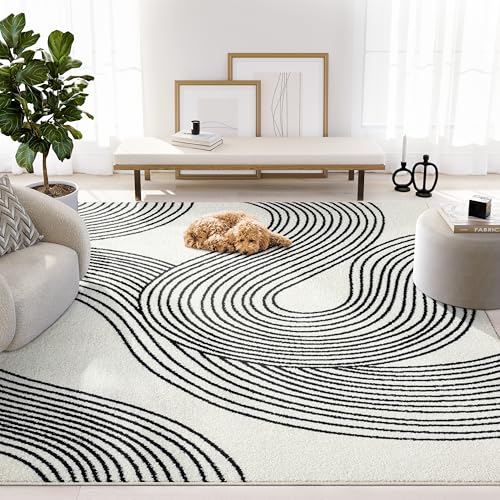 Abani Nuevo Beige Black Swirls Modern Area Rug 5′ x 8′ for Living Room, Bedroom – Abstract Design – Durable & Easy to Clean