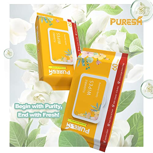 Puresh Flushable Wet Wipes, Adults Women Wet Wipes Infused Vitamin E & Aloe, 5 Flip-Top Packs Total 300 Wet Wipes #TOP1