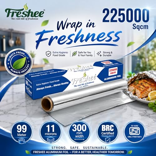 Image of Freshee 225000sqcm Aluminium Silver Kitchen Foil Roll Paper Pack of 4, Food wrap, Disposable Food Parcel for Fresh Food