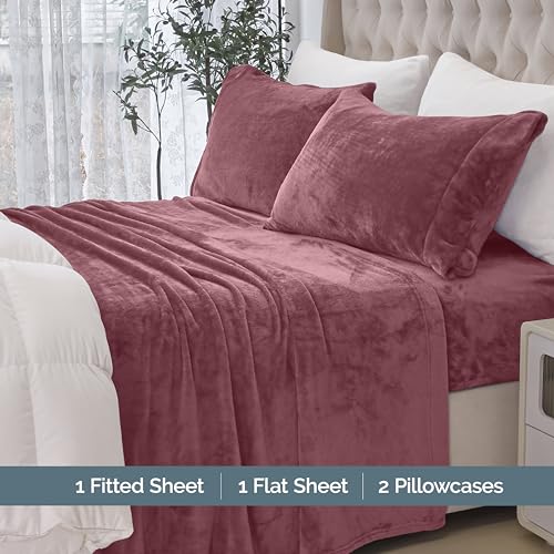 Elegant Comfort Luxuriously Soft 4-Piece Velvet Plush Flannel Sheet Set - Premium Quality - Cozy Warm, Anti-Static, Non Pilling Fuzzy Velvet Flannel Fleece Deep Pocket Sheet Set - Full, Rose