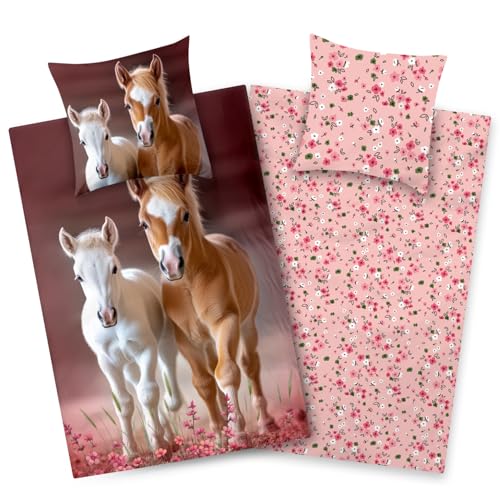Aminata kids Bettwäsche Mädchen 135x200 Pferd - Baumwolle -...