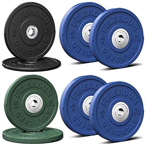 Image of FEIERDUN Color Bumper Plate Set, 2-Inch Olympic Weight Plates, Low Bounce Rubber Barbell Plates with Stainless Steel Insert for Weightlifting, Strength Training, CrossFit & Home Gym, 10LB-370LB