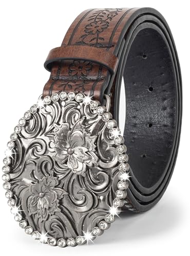 Women-Western-Cowboy-Belt Bling Rhinestone Buckle Cowgirl Belt PU Leather Belt for Jeans Pants(for 28-38'')