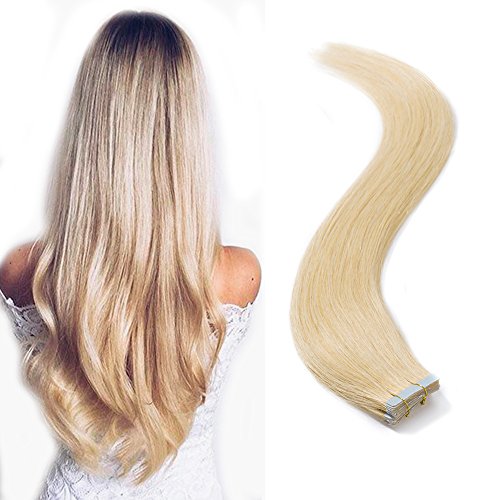100% Remy Tape in Human Hair Extensions Grade 6A 16-22inch Double Side Tape Seamless Skin Weft Natural Hair Extensions Long Straight Silky (18" / 18 inch 30g,#24 Natural Blonde)