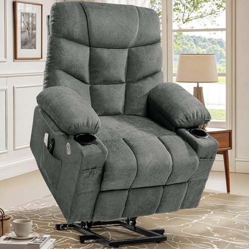 DWVO Power Lift Recliner Chair with Massage & Heat, Modern Fabric Recliner Chair, Spacious Fabric Seat, USB Ports, Cup Holders & Remote Control for Living Room, Dark Gray