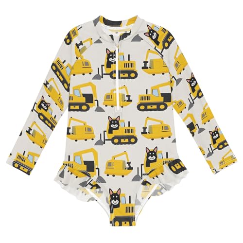 ALAZA Swimsuit for Girls Long Sleeve Rashguard Bathing Suit Husky Bulldozer Quick Dry 4T