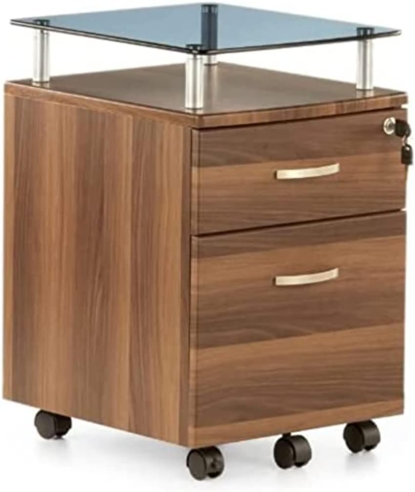 hjh OFFICE, 673808, Roller container, storage unit on rollers, cabinet cupboard, EKON PLUS, walnut, MDF + glass, Two (2) drawer lockable container on rollers, perfect for small desks, lockable