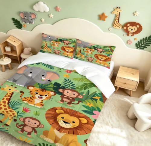 Image of Cute Animal Comforter Set Twin Size Zoo Jungle Bedding Sets for Boys Girls Kids Teens Bedroom Cartoon Elephant Monkey Giraffe Lion Tiger Quilt 1 Comforter 1 Pillowcase