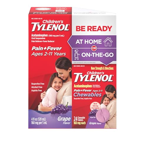 Image of Children's Tylenol Liquid Oral Suspension, 4 fl. oz. & Chewable Tablets, 24 ct; Pain & Fever Medicine, Children's Acetaminophen, Fever Reducer, Alcohol-Free, Aspirin-Free; Grape Flavor, 2 piece Bundle