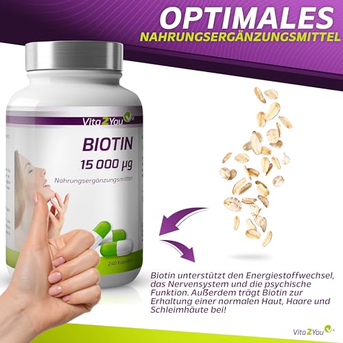 Vita2You Biotin 15.000 mcg (Vitamin B7) 240 Kapseln - Hochdosiert mit 15mg - Für Haut und Haare - Premium Qualität - Made in Germany
