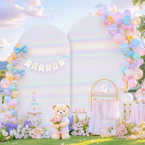 Image of Rainbow White Arch Covers 7.2 and 6ft Sequin Sparkly Birthday Party Arch Backdrop Covers Set of 2 Spandex Shimmer Balloon Arch Stand Cover for Wedding Bridal Shower Baby Shower Photo Arches Background