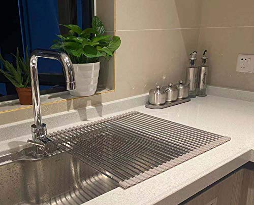 Image of Ahyuan Roll up Dish Drying Rack Over The Sink Kitchen Roll up Sink Drying Rack Portable Dish Drainer Foldable Dish Drying Rack (Warm Gray, 20.5''X19.7'')
