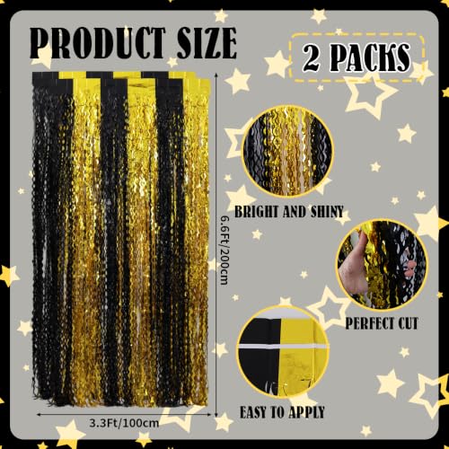Image of TONIFUL 2Pcs Wavy Black Gold Metallic Tinsel Foil Fringe Curtains Streamers | 3.3ftx6.6ft Photo Booth Backdrop Tinsel Streamer Curtain, Props for Bachelorette Birthday New Year Graduation Christmas Decor