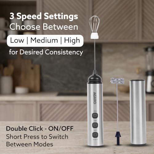 Image of AGARO Regency Rechargeable Milk Frother, 3-Speed Handheld Electric Whisk with Stainless Steel Cover, Portable Mixer for Coffee, Lattes, Hot Chocolates, Shakes & Egg, Home & Office Use, Stainless Steel