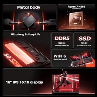Tivique 16.1" Gaming Laptop with Ryzen 7 H255 Processor up to 4.9GHz (Beat 13th i7-13800H), 8C/16T - 4800MHz 16GB RAM DDR5*2+512GB M.2 PCIe3.0 SSD,1200 FHD,HDMI,WiFi 6,12C Radeon 780M,Backlit Keyboard