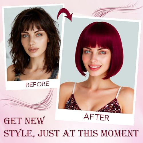 Image of PLULON Burgundy Short Bob Wig with Bangs for Women, Colorful Neon Short Bob Synthetic Hair Wigs with Hair Cap Heart Sunglasses for Adults Girls Daily Bachelorette Halloween Costume Party Supplies