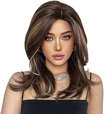 Caseeto Wig for Women Layered Wig Natural Synthetic Wig Brown Mixed Blonde Medium Length Hair Wig for Daily Party