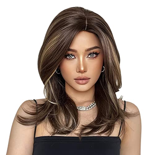 Caseeto Wig For Women Layered Wig Natural Synthetic Wig Brown Mixed Blonde Medium Length Hair Wig For Daily Party #TOP2