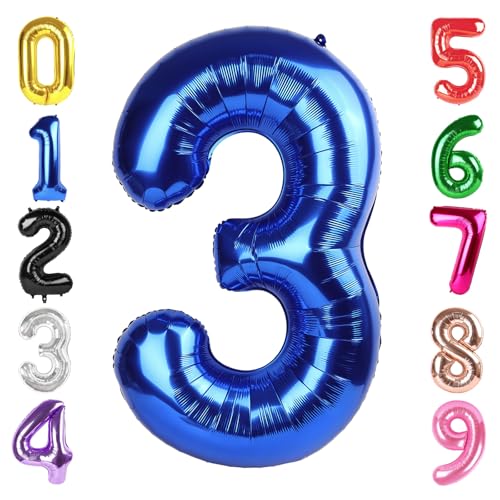 Image of 40 Inch Navy Blue Number 3 Balloon, 3rd Blue Birthday Party Decorations