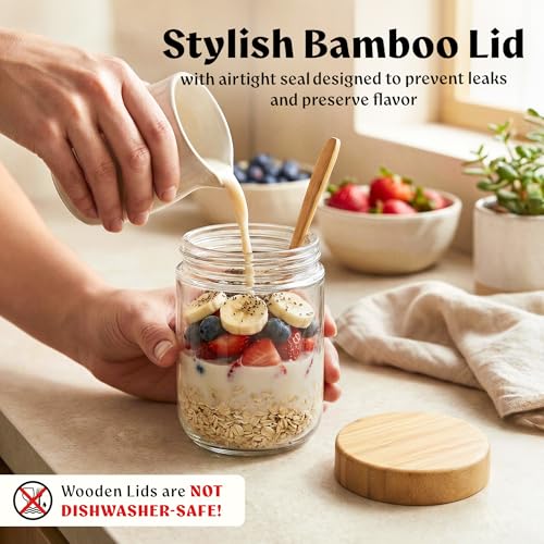 Image of EDELHAUS Overnight Oats Containers with Lids - Glass Mason Jars, Meal Prep | Bamboo Wood, Airtight Silicone Seal Set of 4 - Stackable for Chia Pudding, Yogurt, Cereal, Oatmeal, Salad, Pantry Storage
