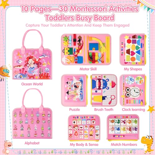 Image of 3 Year Old Girl Birthday Gift, Montessori Busy Board Book, Toddler Toys for 3-6 Year Old Girls Gift, Educational Sensory Learning Activity Toys for Airplane Car Indoor Outdoor