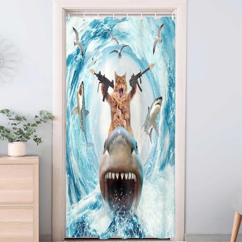 Image of Cat Shower Curtains for Bathroom, Funny Brown Cat Riding Shark Blue Ocean Theme Shower Curtain Set for Men Boys, Cute Cute Cool Blue Bath Curtain Sets with Hooks for Kids Room Decor