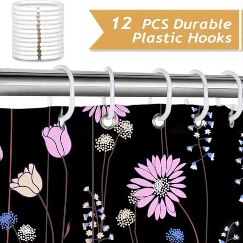 Rideaux douche fleurs sauvages avec oeillets et 12 crochets noirs