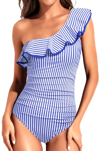 Image of Tempt Me Women One Piece Swimsuits Tummy Control One Shoulder Bathing Suits Ruffle Swimwear