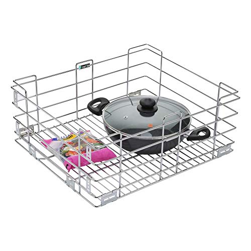 Image of SmartSlide Stainless Steel Kitchen Basket 17 x 22 x 8 Inch | Plain Storage Basket for Modular Kitchen Drawer | Plate & Utensil Organizer Rack