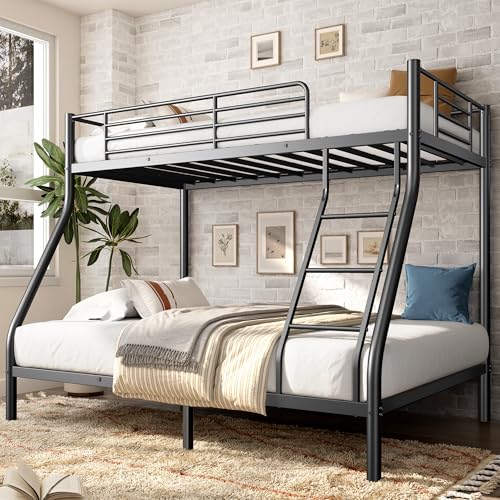 SogeSleep Bunk Beds Twin Over Full Size, More Sturdy Heavy Duty Metal Bunk Bed with Angled Ladder for Teens and Adults, Used for Spaces-Saving, Apartment or Dorm, Noise Free & Easy Assembly, Black