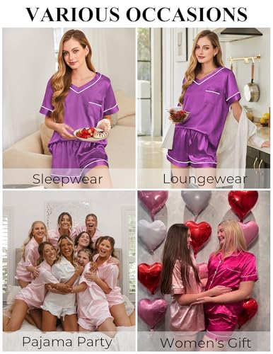 Image of Silk Pajamas for Women Short Sleeve Satin 2 Piece Pj Set Soft V Neck Sleepwear Loungewear, S-XXL
