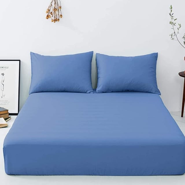 Fitted Sheet 30 cm 12 Inch Deep Pocket - Non Iron Easy Care Soft Brushed Microfibre Fabric Shrinkage and Fade Resistant, 4ft Small Double - Mid Blue