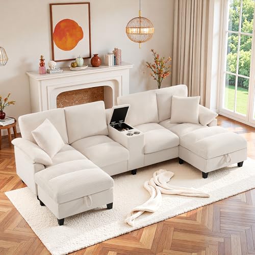 Wyibwy Sofá ergonómico modular en U de 4 plazas con 2 portavasos y 2 puertos USB, sofá esquinero en U, chaise longue doble con espacio de almacenamiento, sofá tapizado, terciopelo acanalado (Beige)
