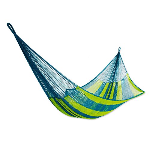 NOVICA Bright Yellow Turquoise Blue Striped Hand Woven Nylon Mayan 1 Person Rope