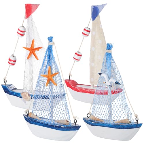 NUOBESTY 4Pcs Mini Sailboat Models Wooden Sailing Boat Models Wood Miniature Nautical Sailing Boats with Flag Net Floating Tube for Table Photo Prop Beach Ocean Theme Party Decor