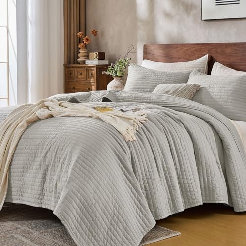 DOWN HOME Queen Quilt Bedding Set with Shams Vintage Washed Soft Quilted Blanket Thin Comforter Lightweight Bedspread Coverlet Bed Cover Brushed Microfiber Stripe Stitching Light Gray 86x90
