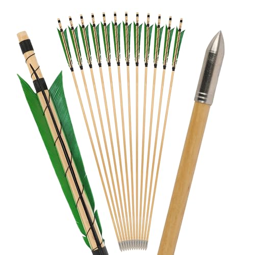 SHARROW 32 Inch Wooden Arrow English Longbow Arrow Target Pracrice Arrow Shaft with 5 Turkey Feather Fletching and Field Point for Recurve Bow Longbow Traditaonal Bow