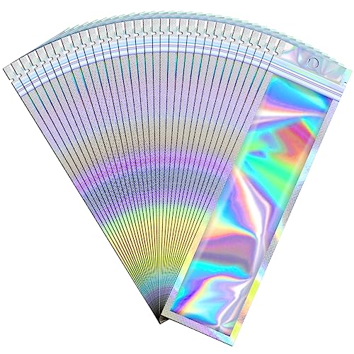 JETMORE 100 Pcs Mylar Bags - Holographic Smell Proof Resealable with Clear Window - Sealable for Pen Brushes Jewelry Candy Necklaces (2.4x9in)