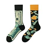NxnChc Lustige Socken Für Damen Und Herren Unisex Viele Gold und Us-Dollar Motive Tier Essen Obst Sport Kunst Aus Baumwolle Geschenk Asymmetrische Muster Links Und Rechts