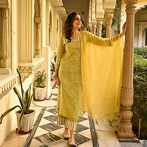 Image of Royal Export Women's Floral Printed Straight Kurta Pant Dupatta Set | Ethnic Kurta Set for Women | Cotton Blend 3 /4 Sleeve Regular Fit | Mustard