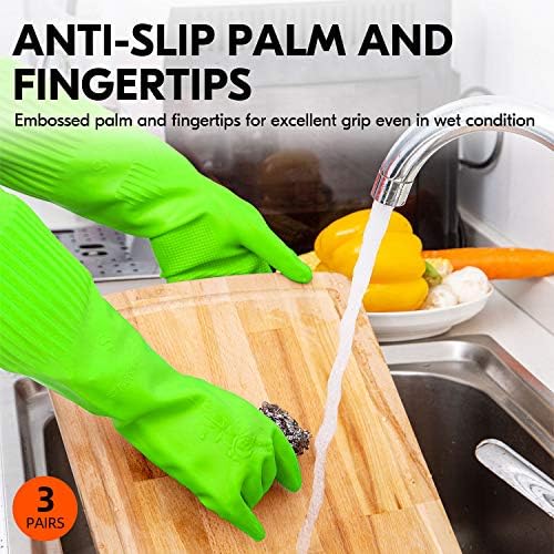Vgo 3Pairs Dishwashing Gloves, Reusable Household Gloves, Kitchen/Cleaning (Size M, Green, RB2143) … — view 3