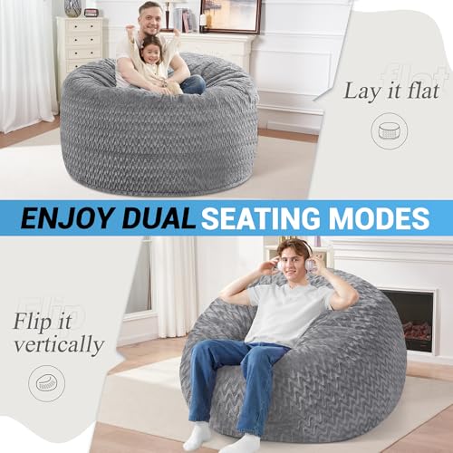 Image of HABUTWAY 4FT Bean Bag Chair,Giant Bean Bag Chairs for Adults,Big Bean Bags with Memory Foam Filled, Large Beanbag Chairs with Chevron Plush Cover-Grey