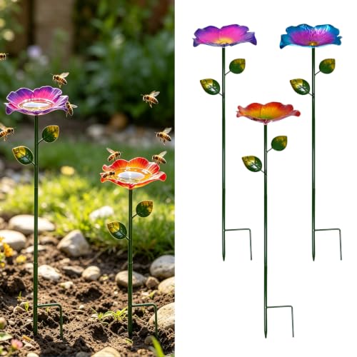 CHOUYUHE 3 Pack Metal Flower Bee Watering Station, Colorful Garden Bee Bath Feeder Bird Bath with Stake, Outdoor Pollinator Water Station Butterfly Feeder Yard Decor (Purple, Red, Blue)