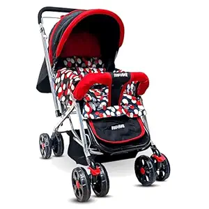 Kidsmate Jumbo Pram Cum Stroller for 0 to 3 Years | New Born/Toddler/Kid | Safety Harness | Adjustable Backrest | 360 degree Swivel Wheel | Large Storage Basket | Reversible Handlebar (Red)