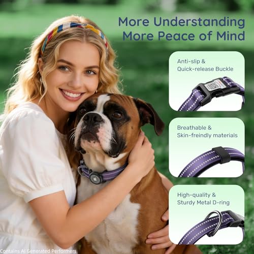 Image of Reflective Dog Collar with AirTag Holder, Waterproof Dog Collar with QR Code, Heavy Duty Adjustable Pet Collar for Small Medium Large Dogs, Purple