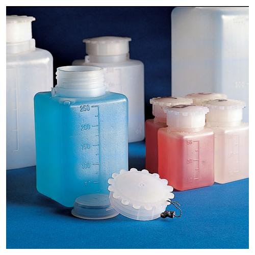 Globe Scientific 600610 Polyethylene Wide Mouth Square Bottle with Polypropylene Screwcap, Graduated, 100mL Capacity (Case of 100)