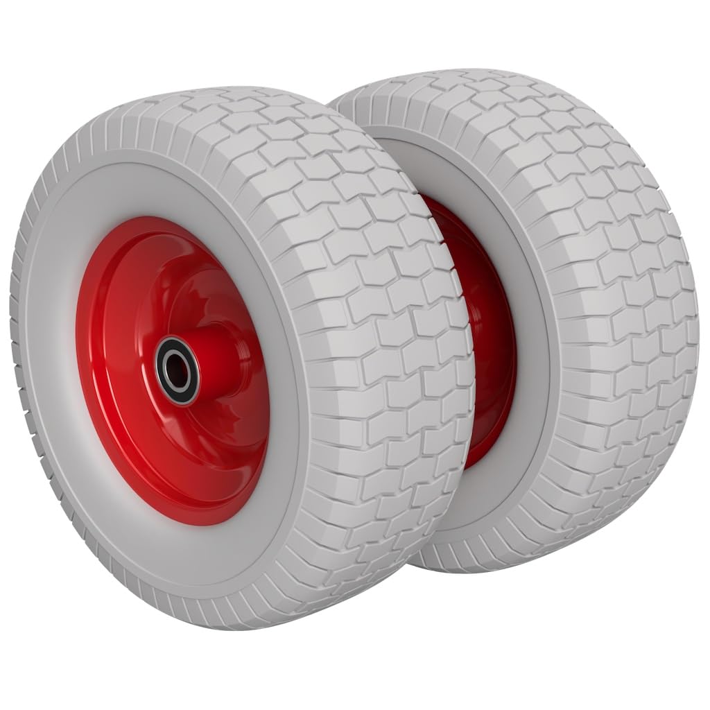 2 x Roue en polyuréthane Ø 400 mm 6.50-8, 2 roulements à billes tondeuse robotisée tracteur anti-crevaison, gris/rouge